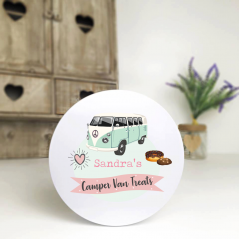 Personalised Printed White Tin - Pink Camper Van Personalised and Bespoke