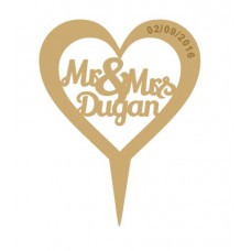 3mm MDF Heart - Mr & Mrs (surname) - Wedding Cake topper -  engraved date  Personalised and Bespoke