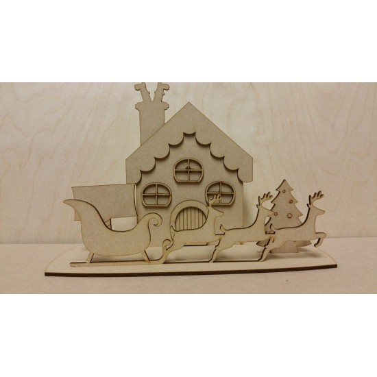 3mm MDF Christmas House Scene with reindeer and sleigh Fairy Doors and Fairy Shapes