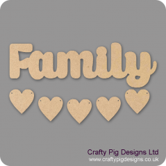 3mm MDF Family Word and Five Hearts - Style 2 Quotes & Phrases