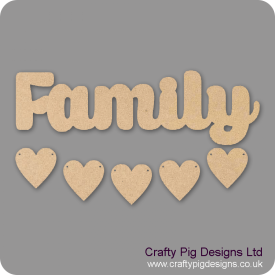 3mm MDF Family Word and Five Hearts - Style 2 Quotes & Phrases