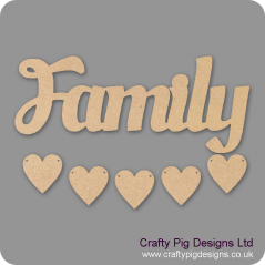 3mm MDF Family Word and Five Hearts - Style 4 Quotes & Phrases