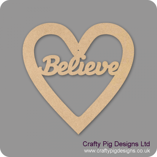 3mm MDF Christmas Heart With Believe In Susa Font Christmas Shapes