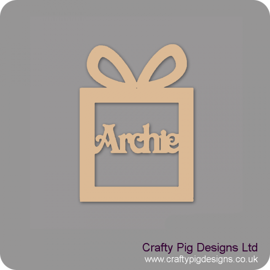 3mm MDF Gift Box Present Shape Decoration - Personalised With Your Name - victorian font Christmas Shapes