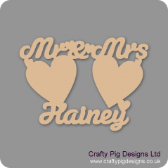 3mm MDF Mr And Mrs Sign With 2 Large Hearts And Surname Personalisation 