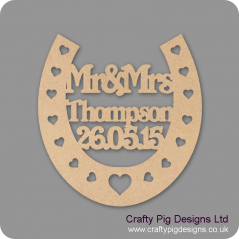 3mm MDF Wedding Horseshoe with heart cut outs (personalised with surname and date) 