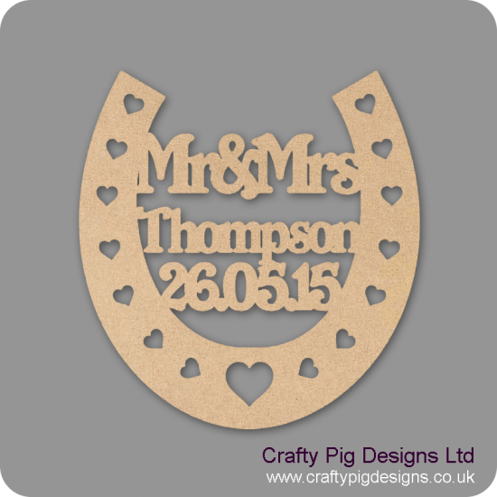 3mm MDF Wedding Horseshoe with heart cut outs (personalised with surname and date) 