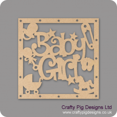 3mm MDF Square Baby Girl With Shapes Box Topper - with star cut out border Baby Shapes