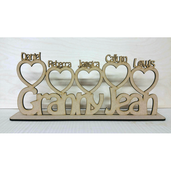 4mm MDF Family plinth design with personalised heart photo frames around 