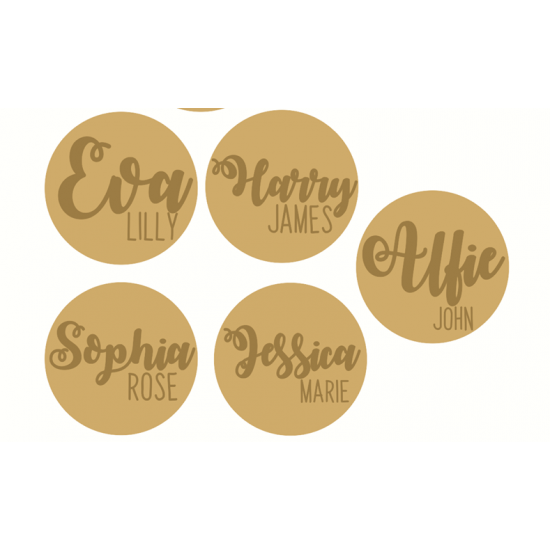 3mm mdf Circle Plaque with Name in Two Fonts Joined Words and Names to Order