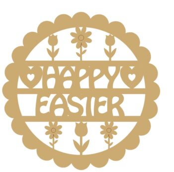 3mm mdf Happy Easter Scalloped Circle with Flowers