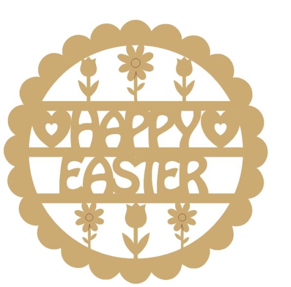 3mm mdf Happy Easter Scalloped Circle with Flowers