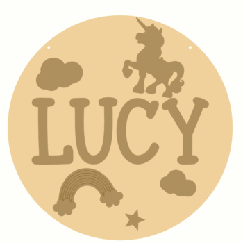 3mm mdf Layered Circle with Name and Unicorn and Rainbow Shapes