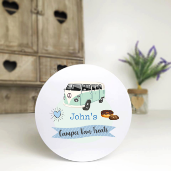 Personalised Printed White Tin - Blue Camper Van