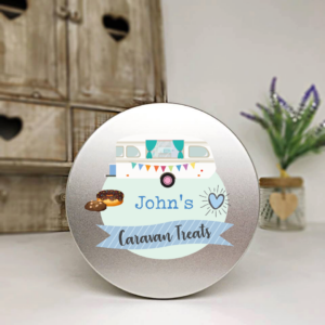 blue caravan treats - SIlver tin