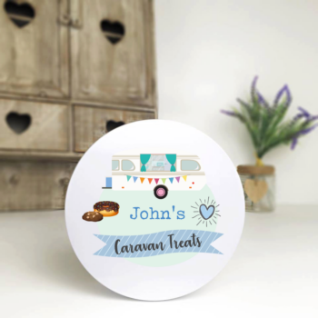 Personalised Printed White Tin - Blue Caravan