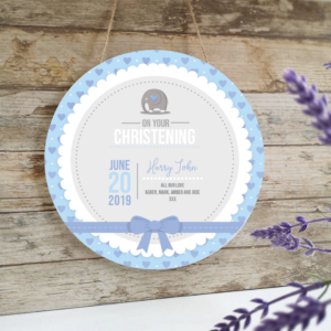 Personalised Printed White Circle - Christening - Blue Elephant