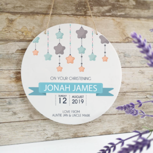 Personalised Printed White Circle - Christening - Blue Stars