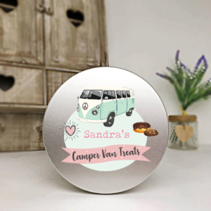 Personalised Printed Silver Tin - Pink Camper Van