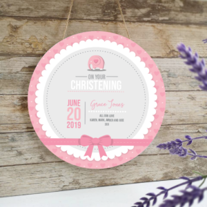 Personalised Printed White Circle - Christening - Pink Elephant