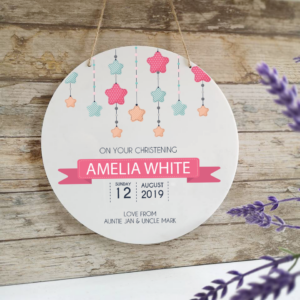 Personalised Printed White Circle - Christening - Pink Stars