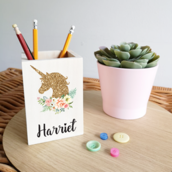 Colour Printed Wooden Pencil Pot -Unicorn Design