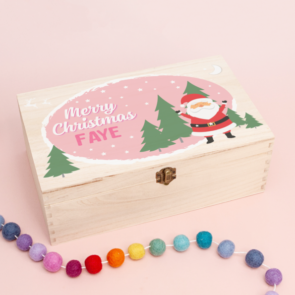 Personalised Rectangular Printed Christmas Eve Box - Happy Santa Pink
