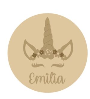 4mm OAK VENEER Circle with Unicorn Flower Crown and Name
