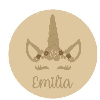 4mm OAK VENEER Circle with Unicorn Flower Crown and Name