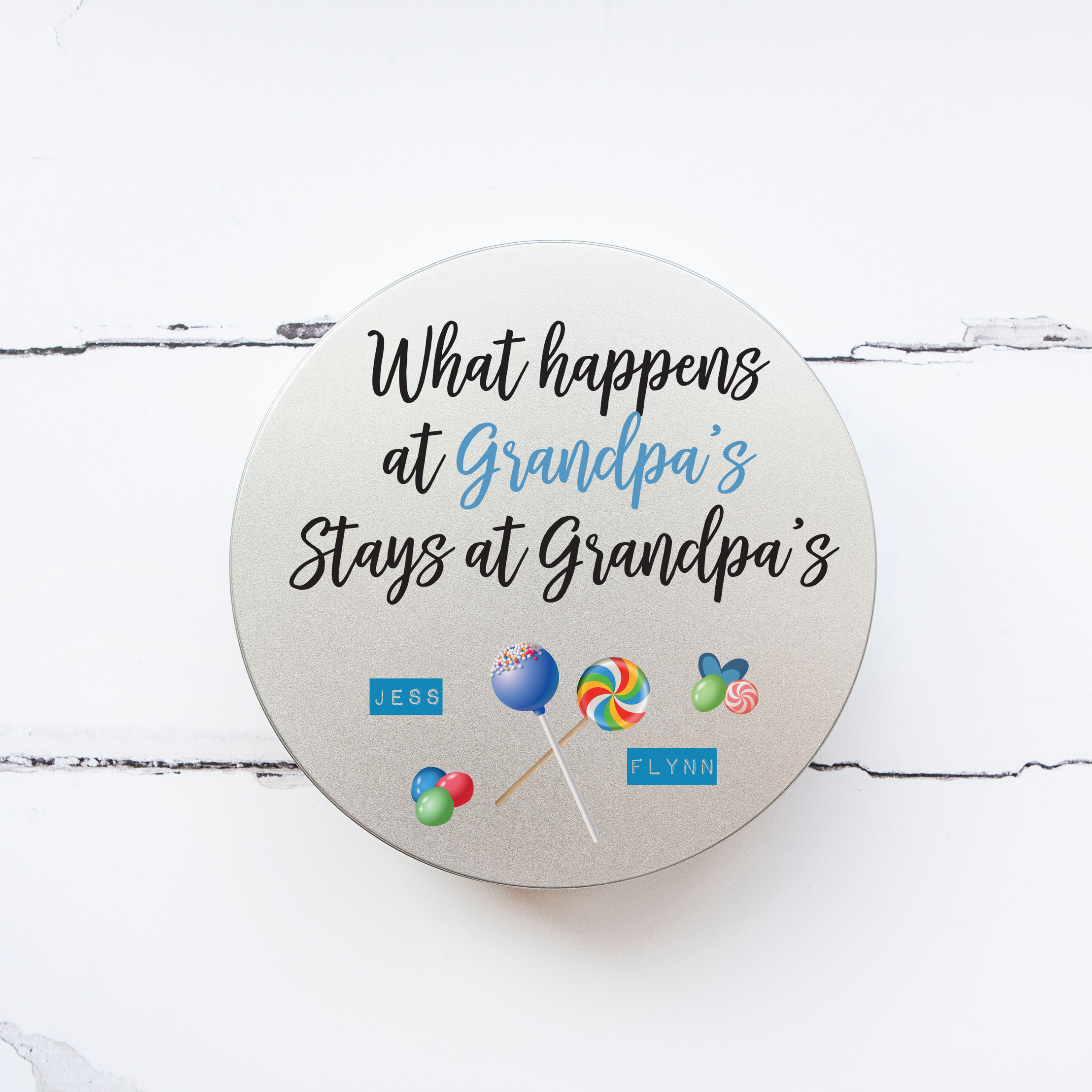 Personalised Printed Tin - What Happens at Grandpa's Personalised Printed Tin - What Happens at Grandpa's
