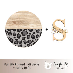 Printed Wood Effect and Grey Leopard Effect Circle with Letter and Name