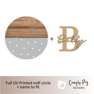 Printed Half Wood Effect and Grey with Stars Circle with Letter and Name