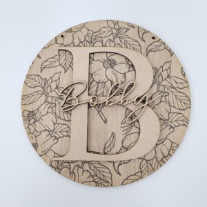 4mm Oak Veneer Circle Printed Floral Pattern with letter and Name