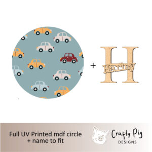 Printed Circle with Cars Pattern Design with Letter and Name