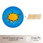 Printed Circle with Comic Book Design with Name