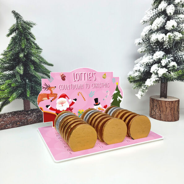Acrylic Printed Advent Chocolate Coin Holder - Santa and Friends Pink