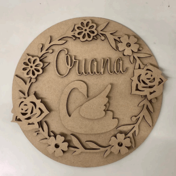 3mm mdf Swan and flowers name plaque