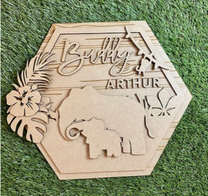 3mm mdf Elephants Hexagon Name Plaque