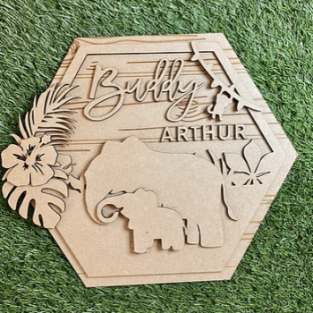 3mm mdf Elephants Hexagon Name Plaque