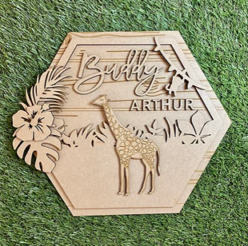 3mm mdf Giraffe Hexagon Name Plaque