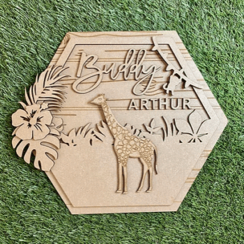 3mm mdf Giraffe Hexagon Name Plaque