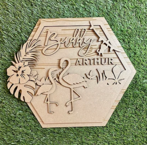 3mm mdf Flamingo's Hexagon Name Plaque