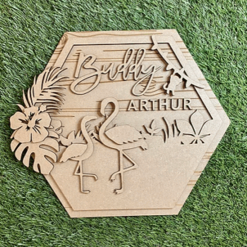 3mm mdf Flamingo's Hexagon Name Plaque