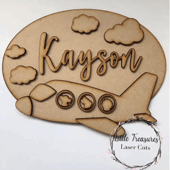3mm mdf Animals In A Plane Oval Name Plaque