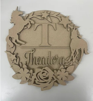 3mm mdf Initial Name Plaque (Unicorn Theme)