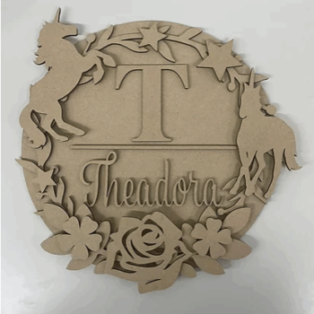 3mm mdf Initial Name Plaque (Unicorn Theme)