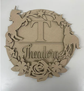 3mm mdf Initial Name Plaque (Unicorn Theme)