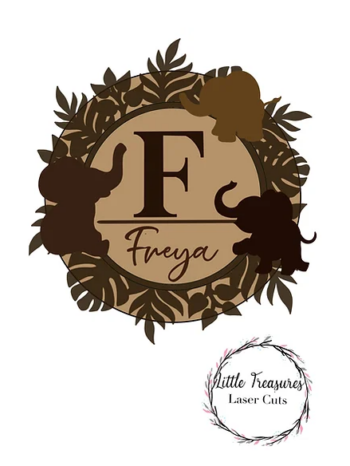 3mm mdf Initial Name Plaque (Jungle Elephants Theme)