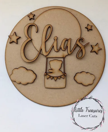 3mm mdf Teddy Bear Hot Air Balloon Name Plaque
