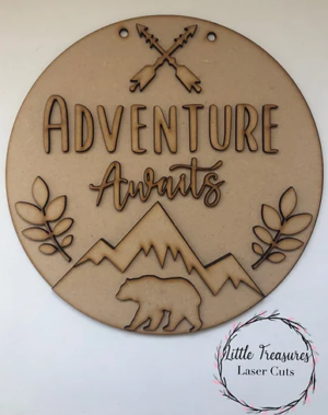 3mm mdf Adventure Awaits (Mountain scene) Plaque